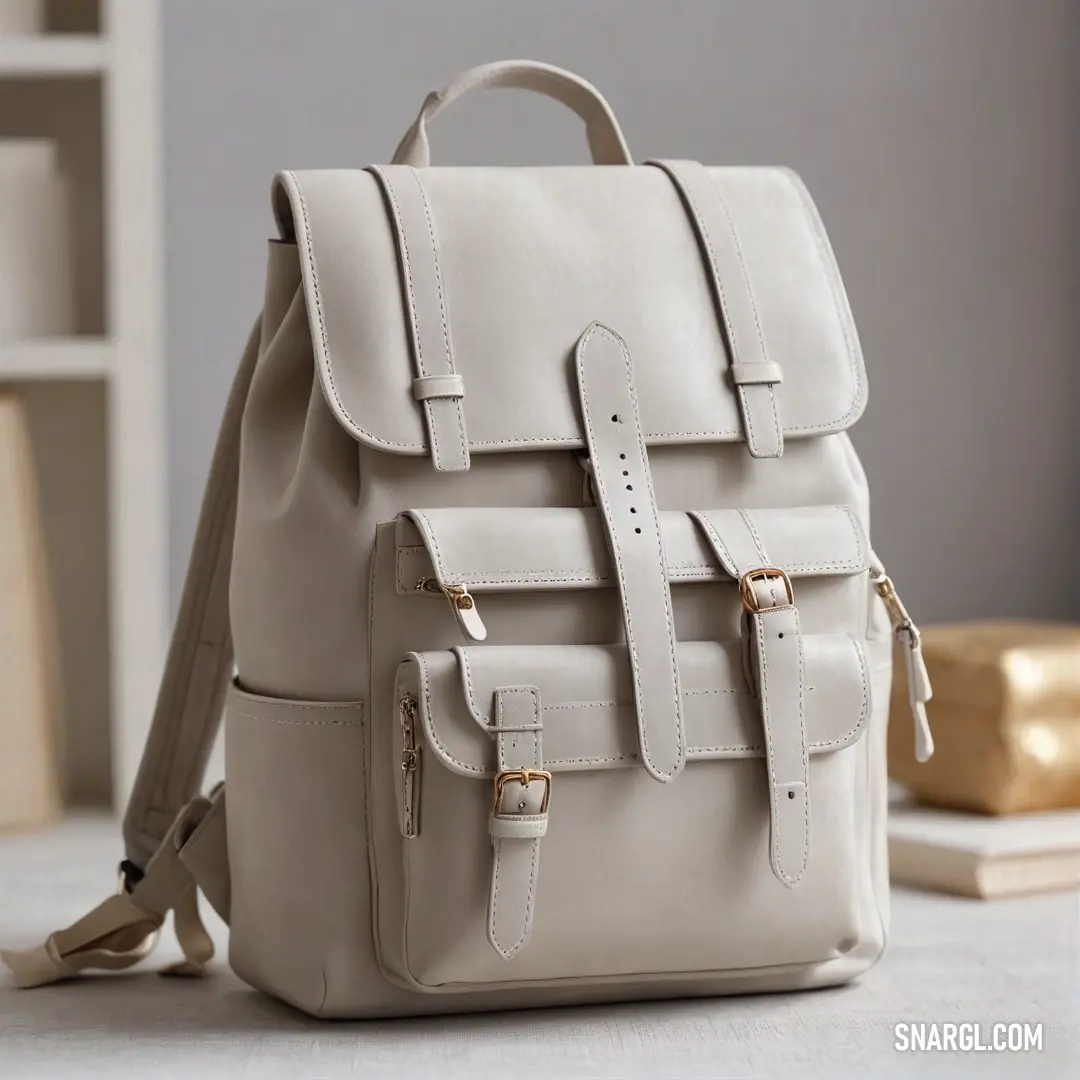 A pristine white backpack rests on a stylish table beside an organized bookshelf and a bookcase adorned with a shimmering gold key. This setting hints at adventure and knowledge, symbolizing a journey of exploration waiting to unfold.