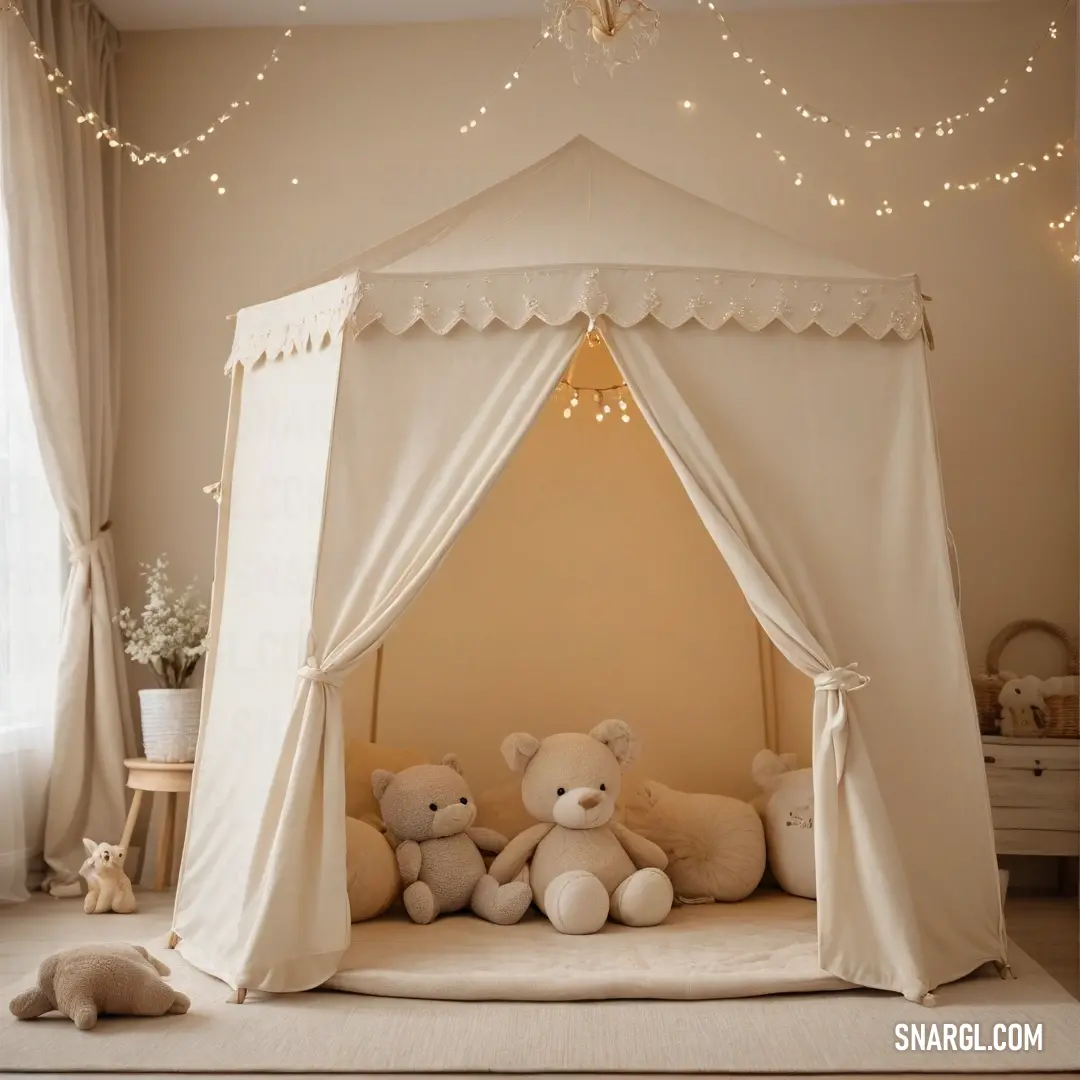 A charming white canopy bed draped with delicate fabrics, adorned with soft teddy bears nestled among plush pillows. A cozy bedside lamp casts a warm glow, while a serene window offers a glimpse of the outside world, inviting peace and tranquility into th