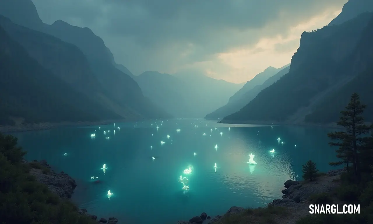 A serene lakeside view adorned with floating lights, framed by breathtaking mountains under the embracing colors of twilight. A tranquil lake sparkles with numerous floating lights, reflecting the silhouettes of majestic mountains in the background, creating a peaceful scene filled with wonder and serenity at dusk.