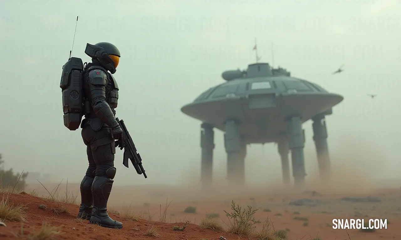 A futuristic figure surveys the striking desert landscape, standing before an enigmatic giant object with determination and purpose. A lone figure in a cutting-edge suit stands defiantly in the arid desert, gazing at a mysterious colossal object beside him, gun in hand, in a scene that speaks of adventure and unexplained phenomena.