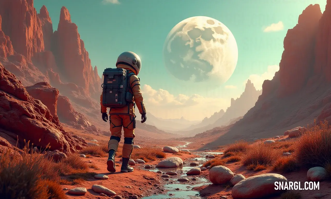 In a vast and barren desert, an astronaut explores the surreal landscape under the watchful gaze of the moon, bridging the wonder of space exploration with the eeriness of alien terrains on distant worlds. A lone astronaut, clad in a full space suit, ventures through an otherworldly desert, with the moon hanging prominently in the sky, creating a surreal juxtaposition of earthly terrain and celestial presence.