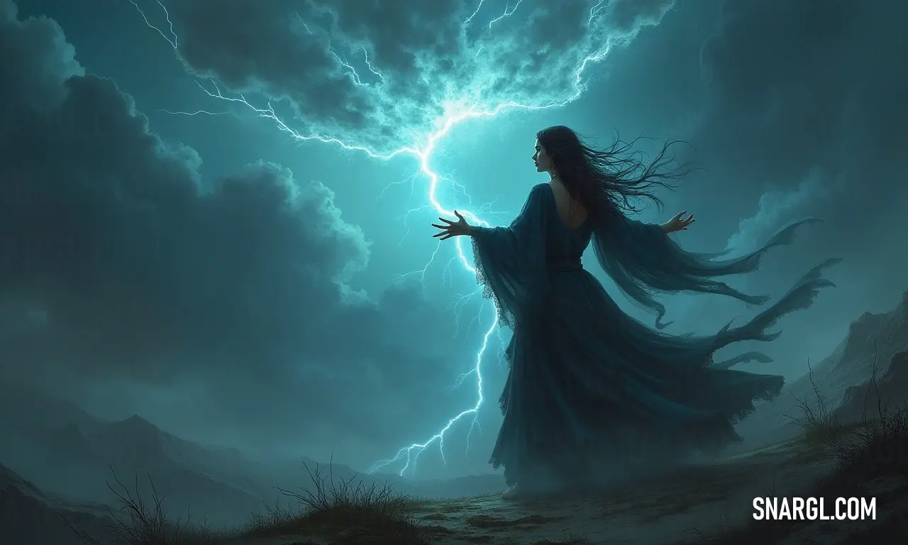 A serene encounter with nature: a woman in a blue dress stands in a field, framed by a striking lightning bolt and a moody sky, embodying a moment of strength amid the elements. A woman in an elegant blue dress stands gracefully in a vast field, with a striking lightning bolt illuminating the dramatic sky behind her, creating a beautiful contrast between nature's fury and her poised serenity.