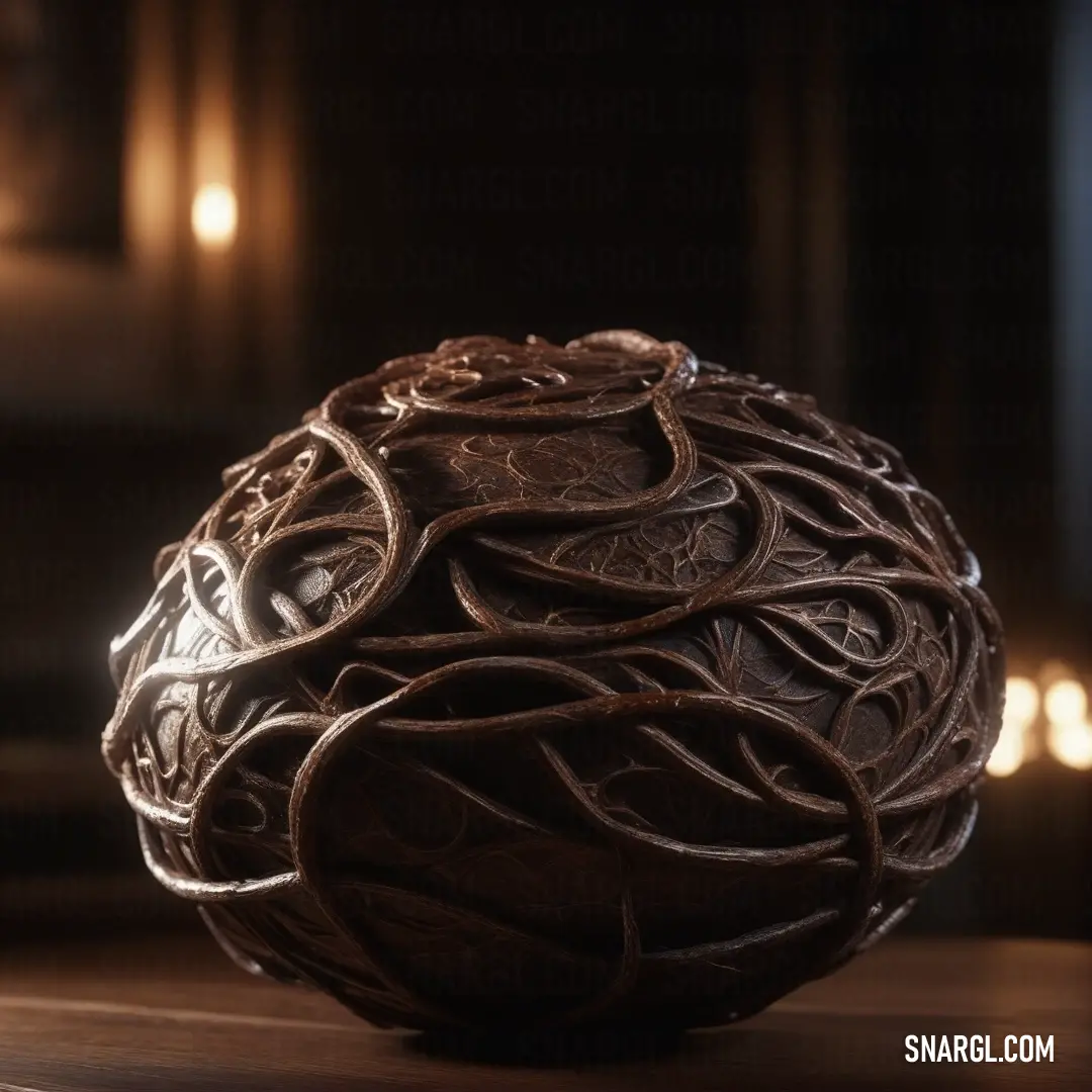 Ball of chocolate on top of a wooden table next to candles and a window sill in a dark room. Example of Bistre color.