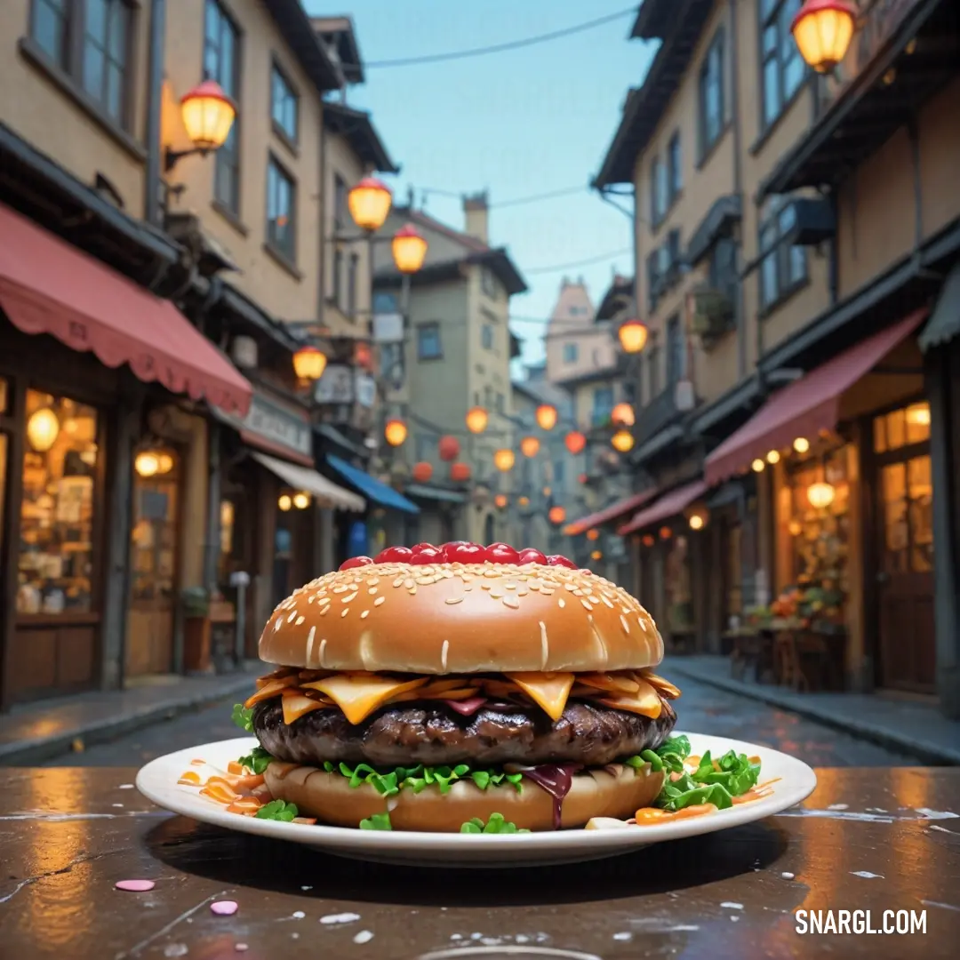 Hamburger on a plate in a street with buildings in the background. Color #3D2B1F.