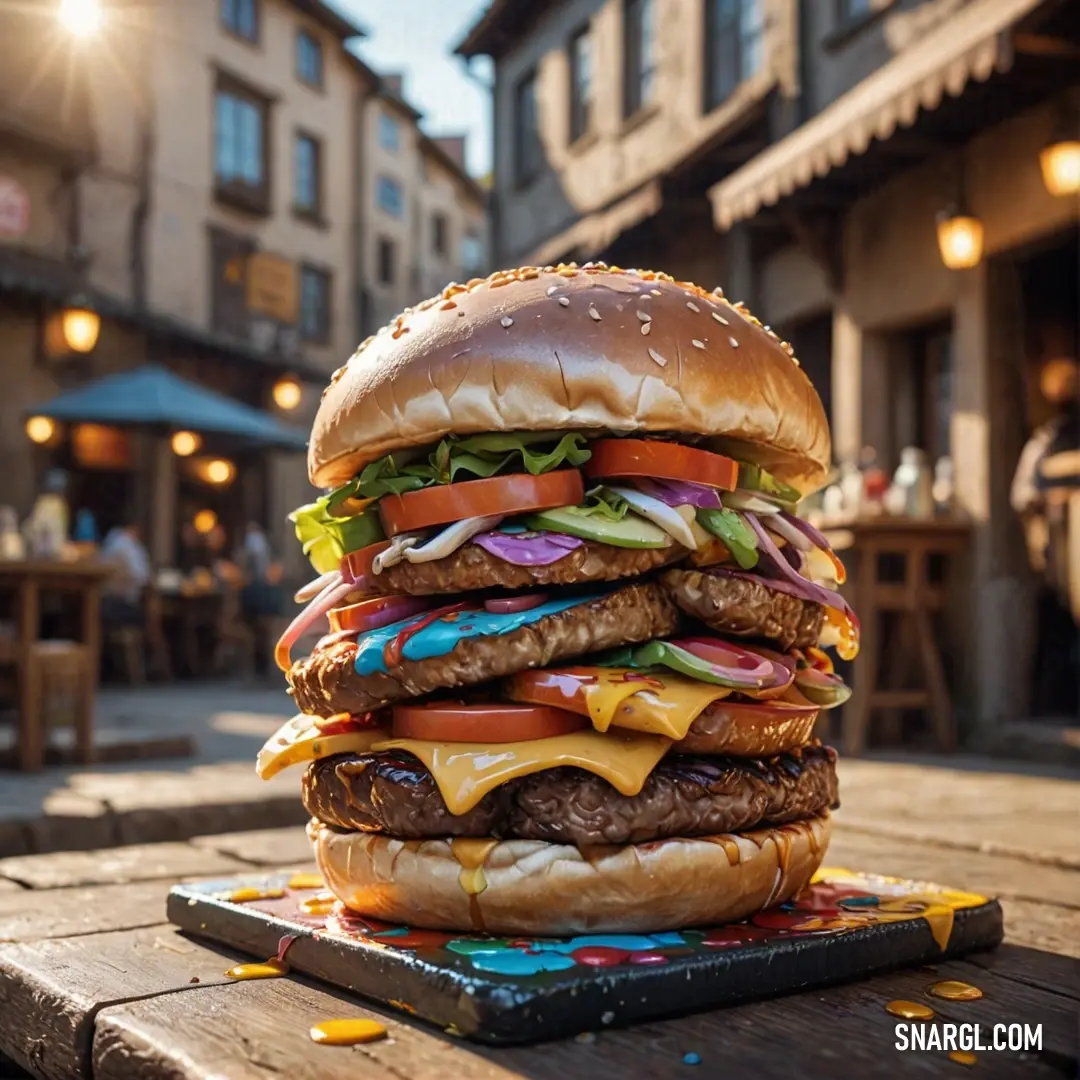 Large hamburger on top of a wooden table in front of a building with a lot of windows. Example of #3D2B1F color.