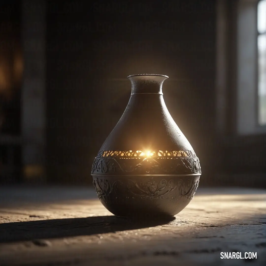 Vase with a light shining in it on a table top in a dark room with a window behind it. Color #3D2B1F.