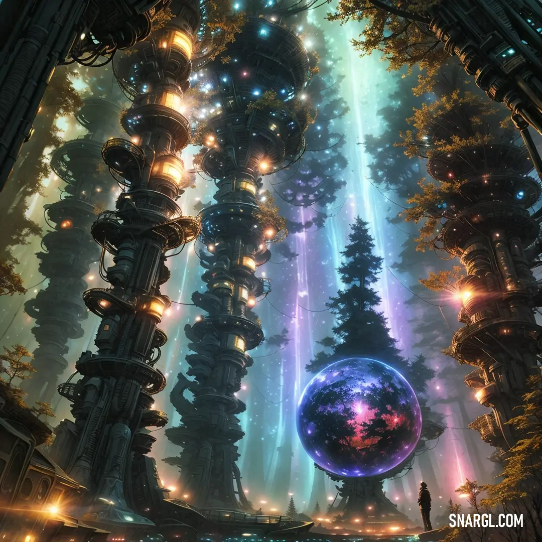 Futuristic city with a giant crystal ball in the middle of it's forest area