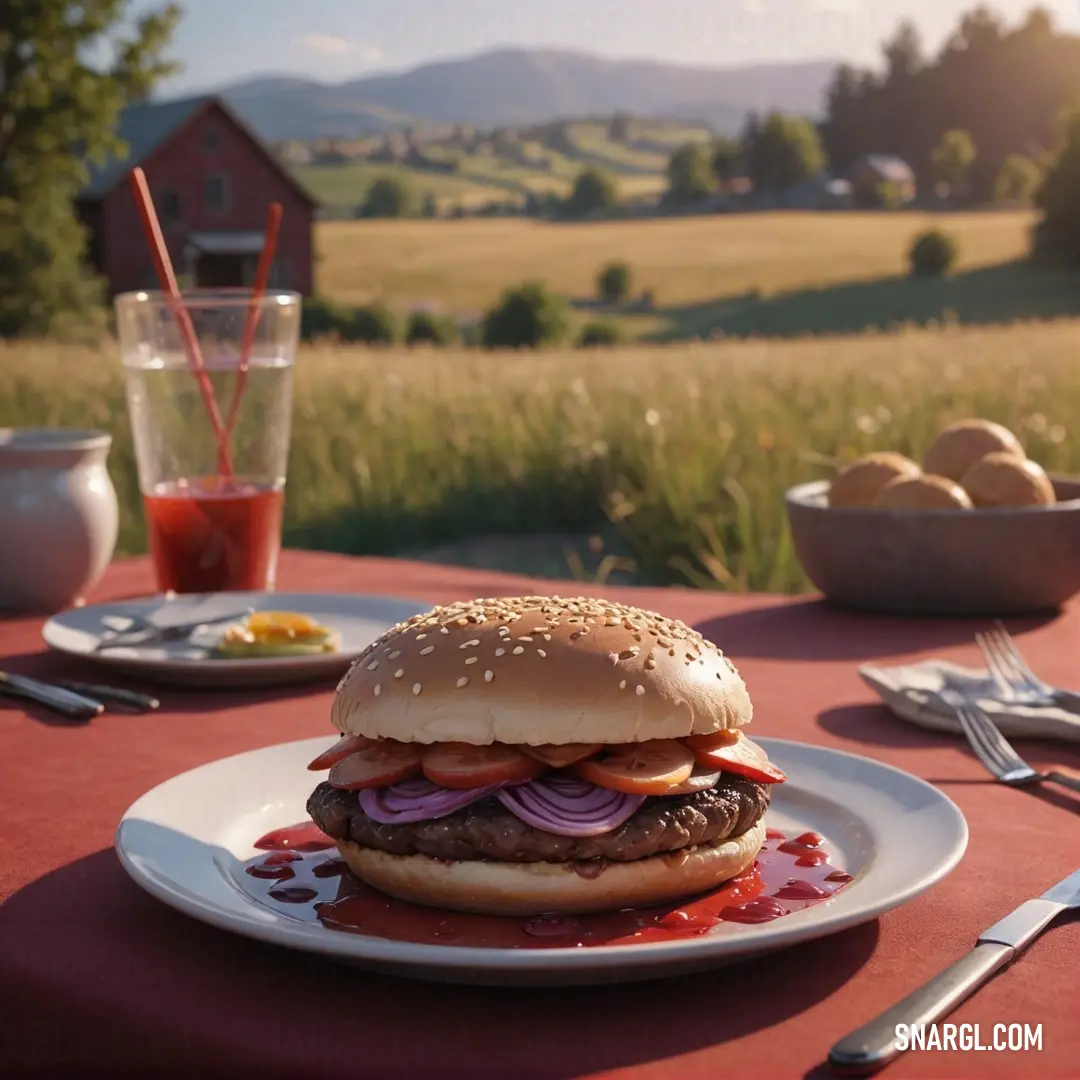 Hamburger with onions and a pickle on a plate on a table outside with a view of a field. Example of Bistre color.