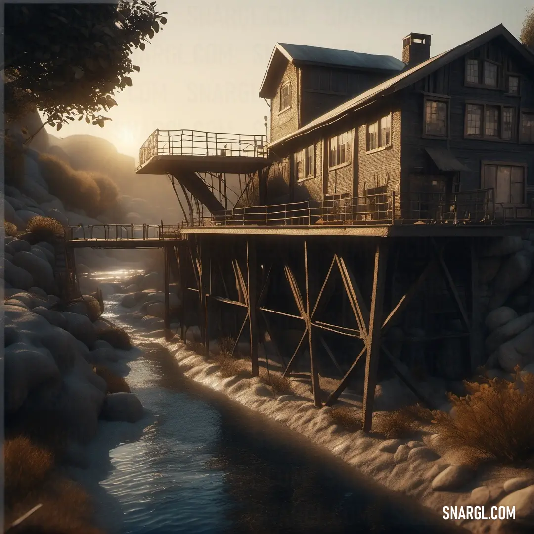 House on a pier next to a river at sunset or sunrise time with a boat in the water. Example of Bistre color.