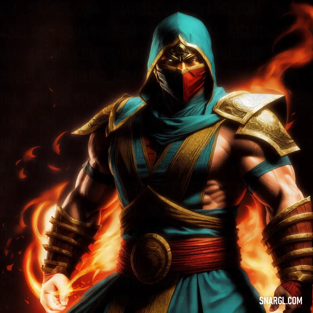 Man in a blue and gold outfit with flames around him and a sword in his hand