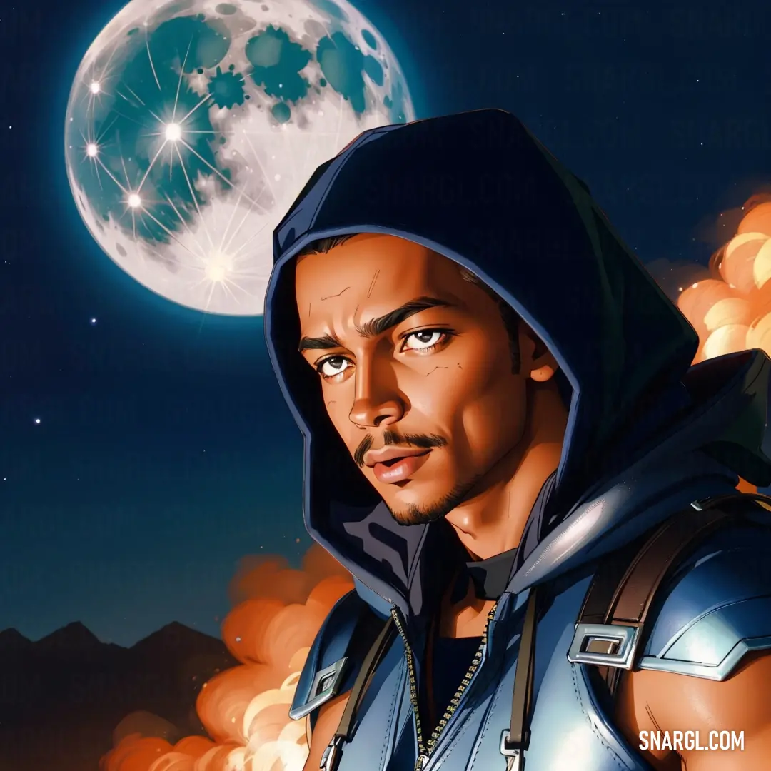 Man in a hoodie is standing in front of a full moon and a sky with stars and clouds