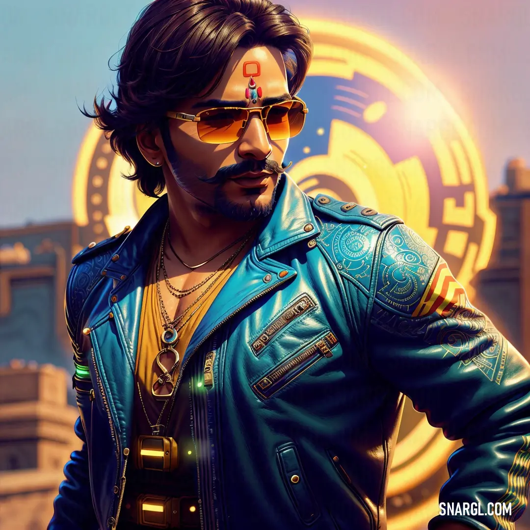 Man in a leather jacket and sunglasses standing in front of a golden circle with a clock on it