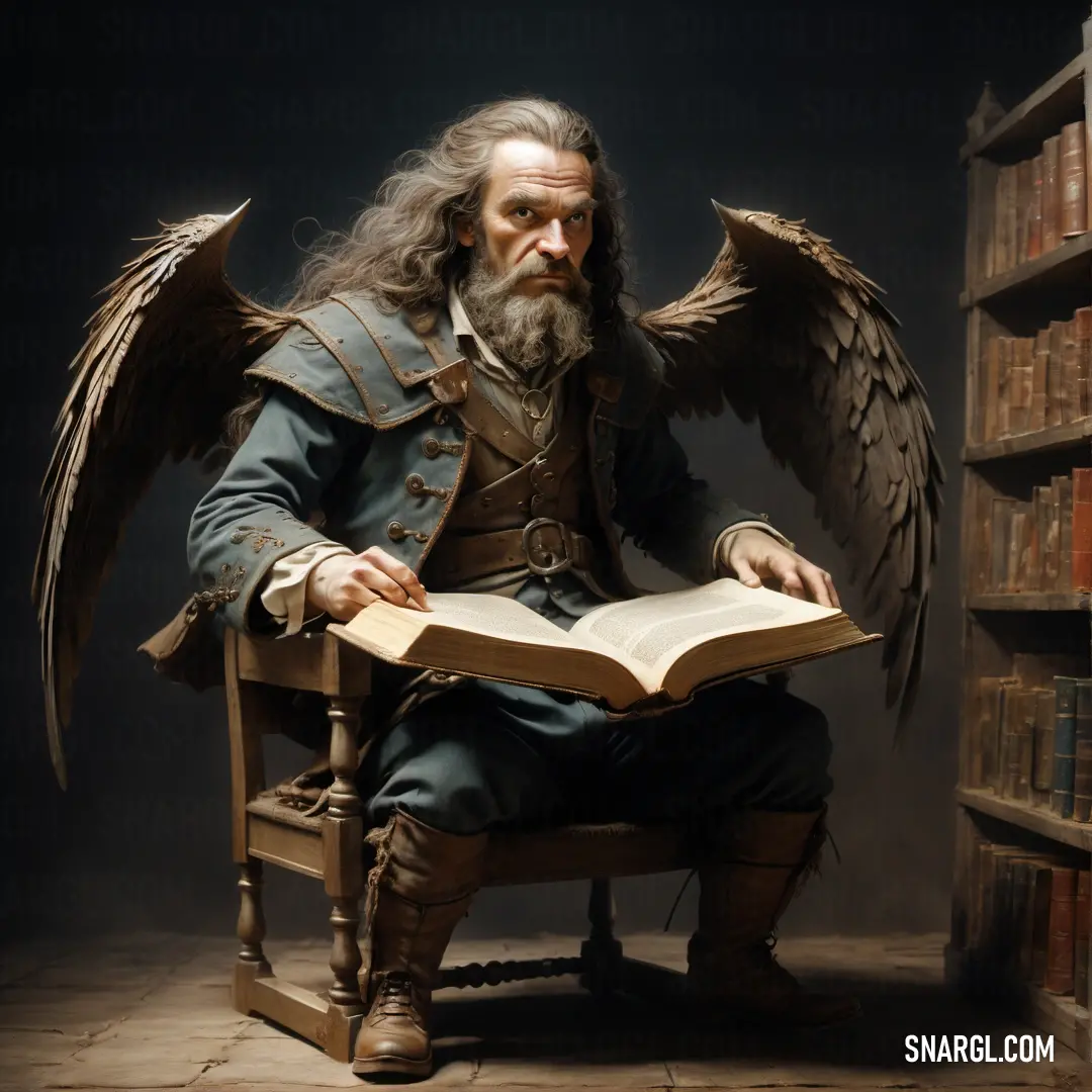 Bistre color. Man with a beard and wings in a chair reading a book with a bookcase behind him