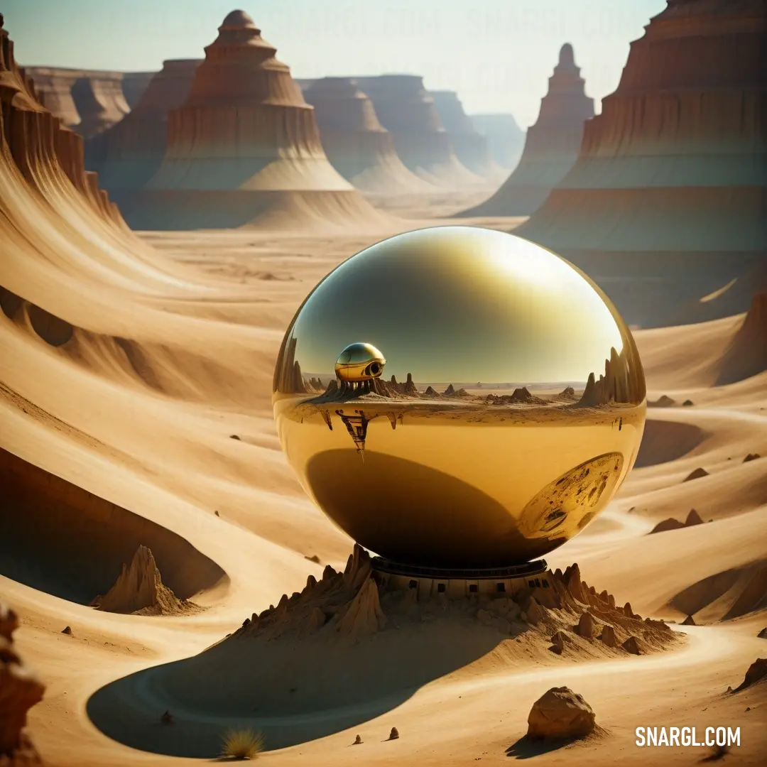 Sphere in the desert with a mountain in the background and a desert landscape in the foreground with a few people on a bike