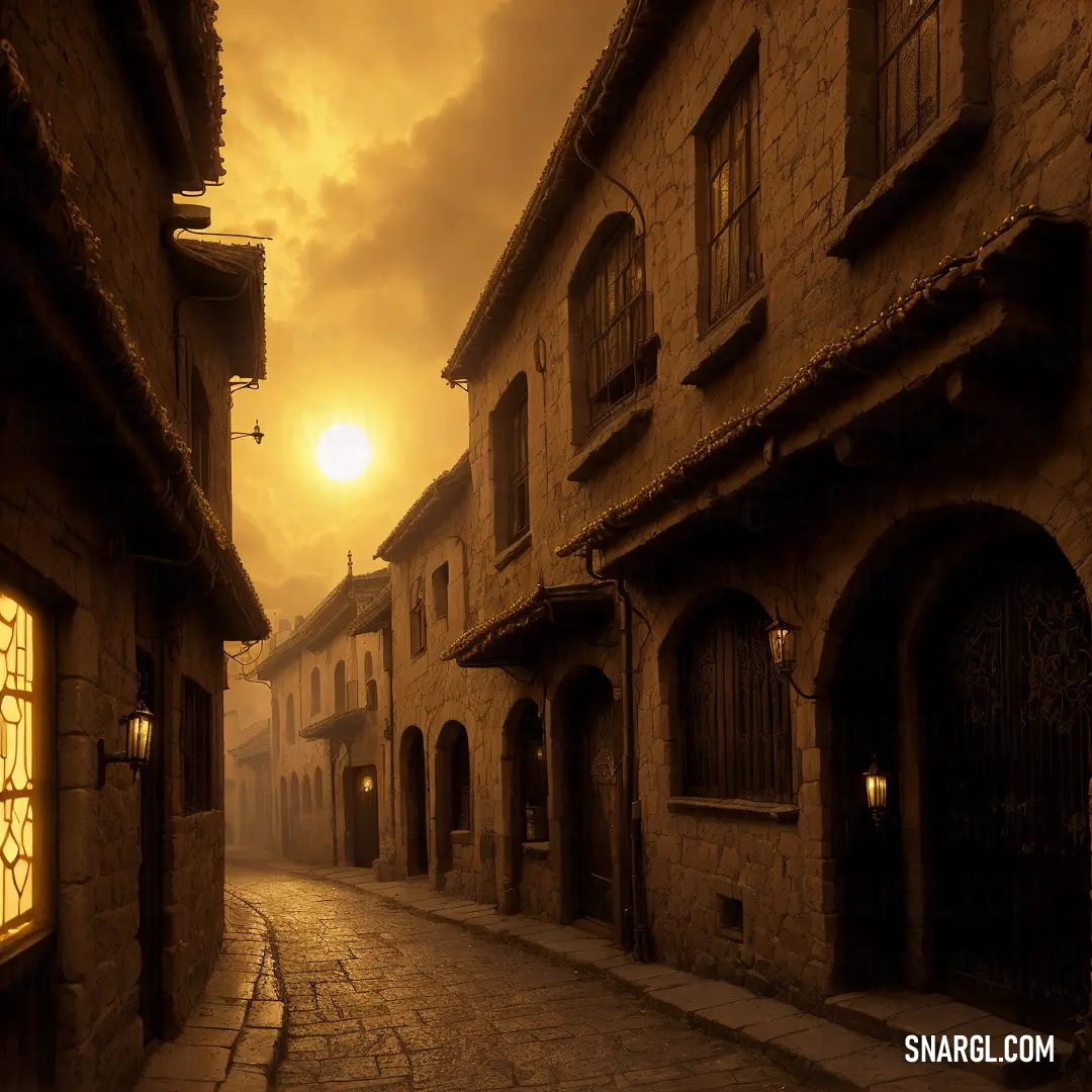 Street with a light on and a building with a clock on it at sunset or dawn with a cloudy sky. Example of #3D2B1F color.