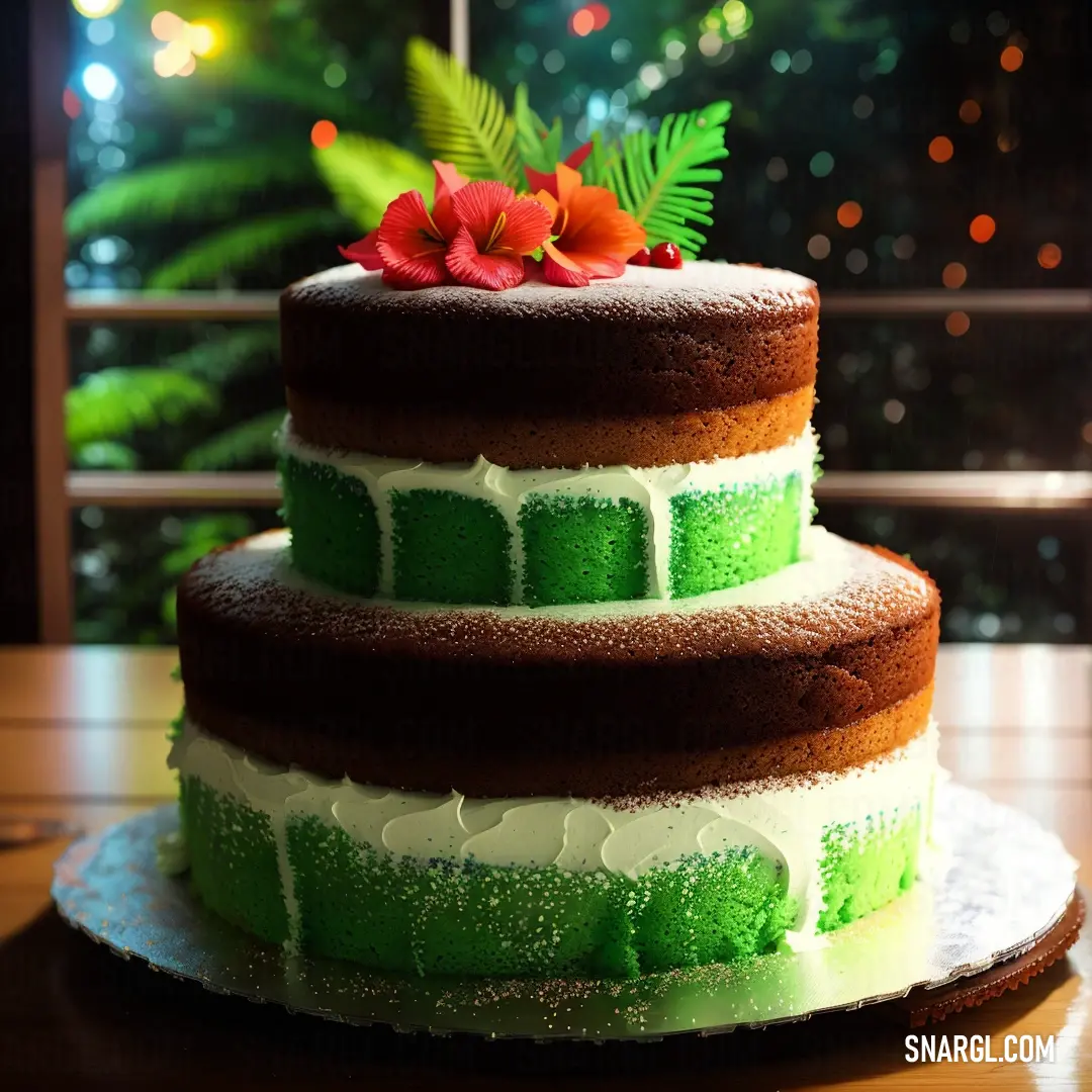 Three layer cake with green icing and a red flower on top of it on a plate in front of a window. Example of #3D2B1F color.