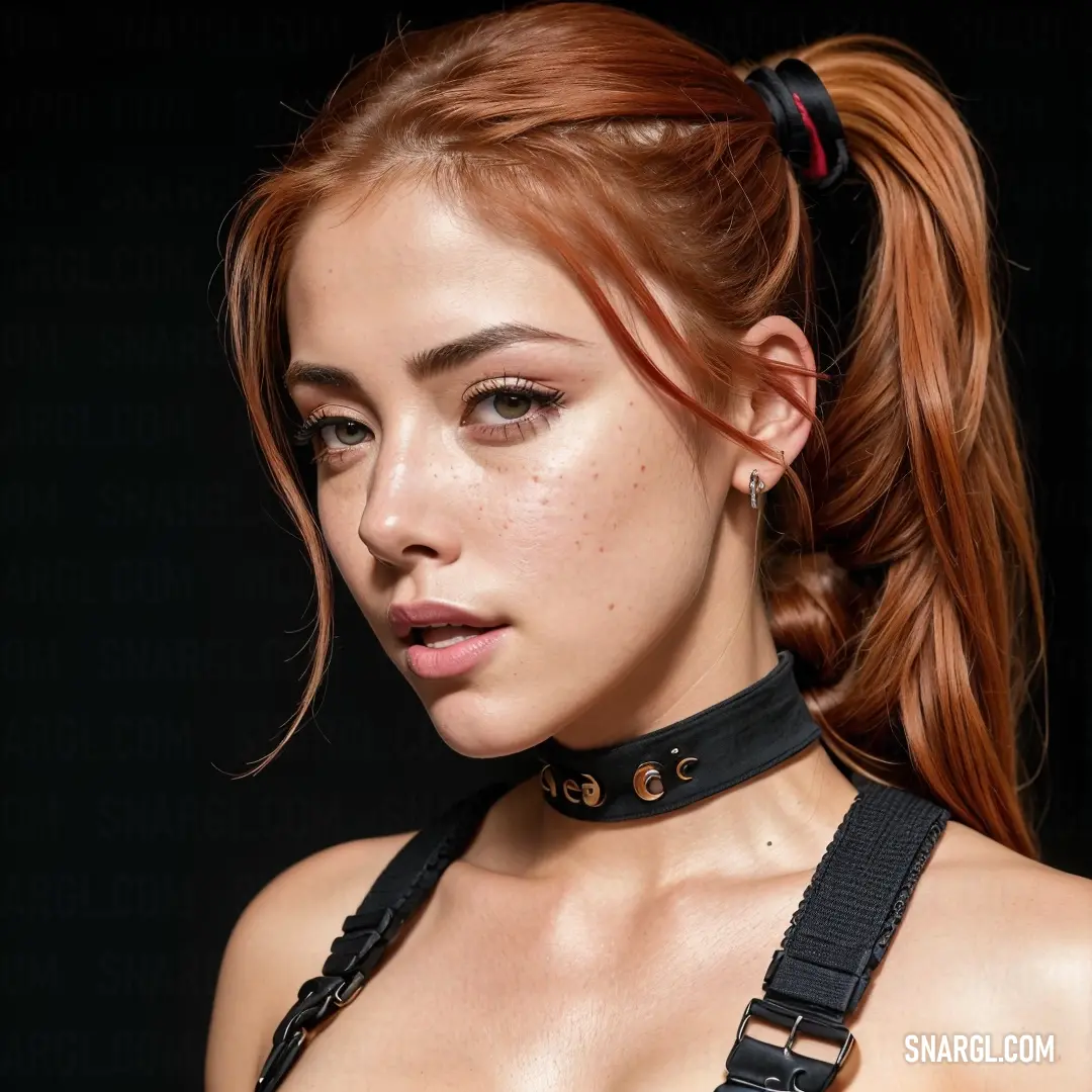 Woman with red hair wearing a black choker and a black choker necklace with gold studs
