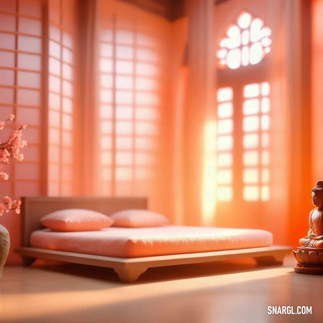 Bed in a bedroom next to a window with a buddha statue on top of it next to a vase with flowers. Example of Bittersweet color.