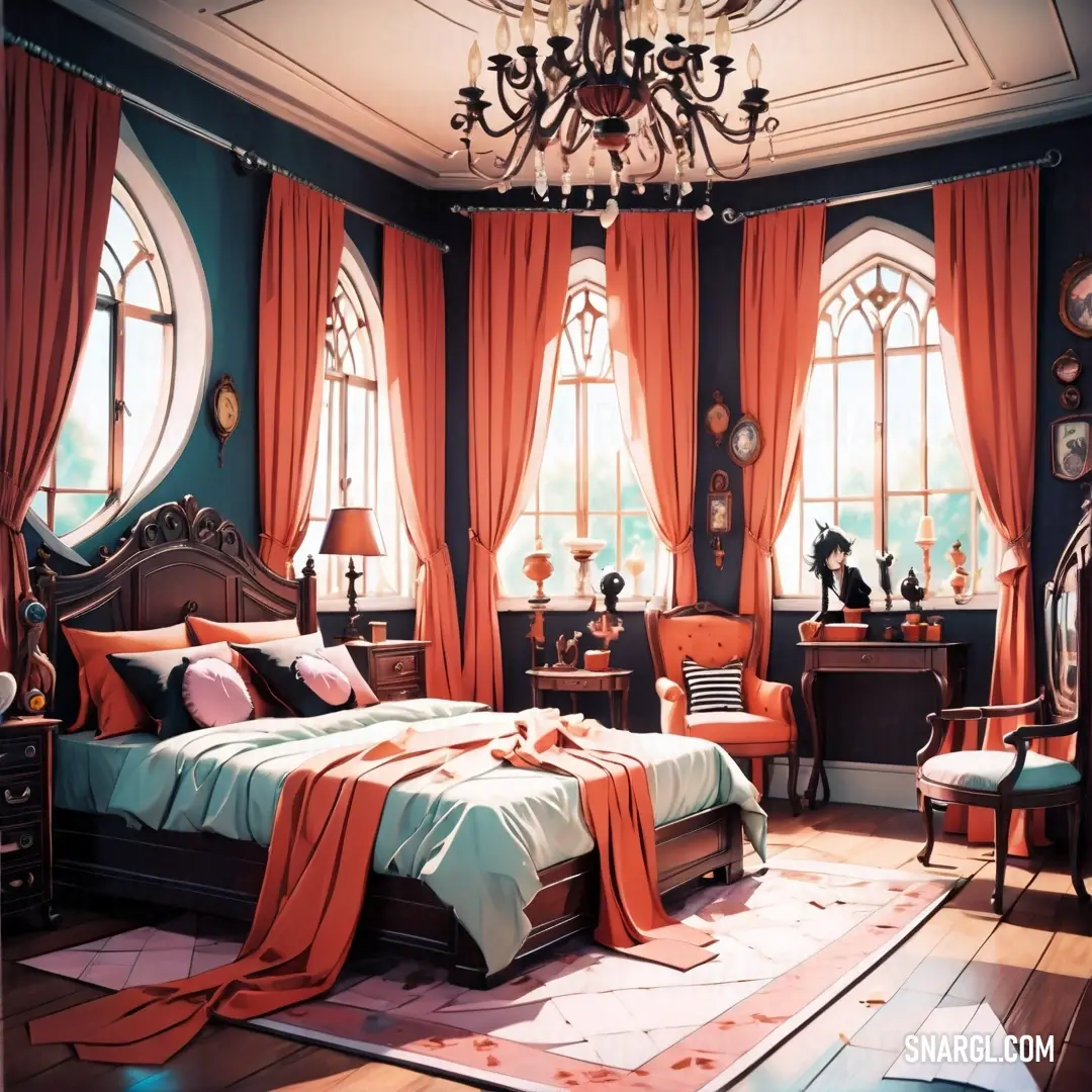 Bedroom with a bed and a chandelier. Example of CMYK 0,56,63,0 color.