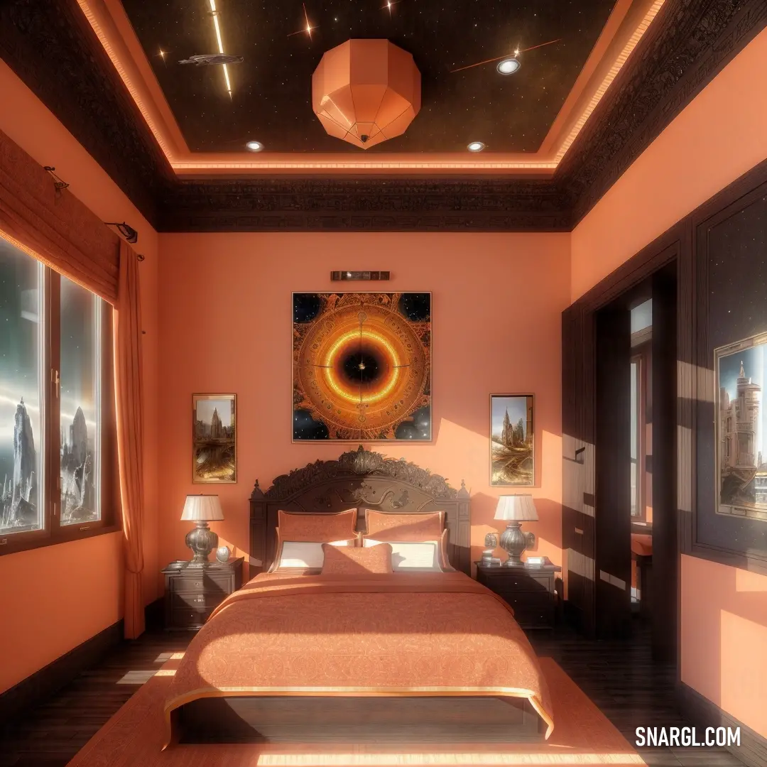 Bedroom with a bed and a painting on the wall above it and a painting on the wall above it. Example of #FE6F5E color.