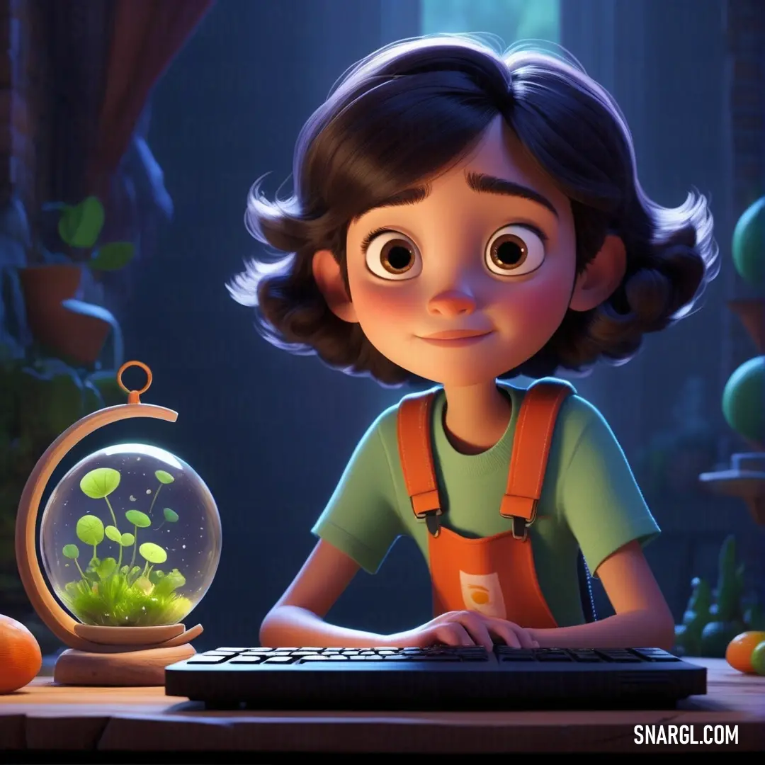Cartoon character at a computer with a fish bowl in front of her. Color RGB 254,111,94.