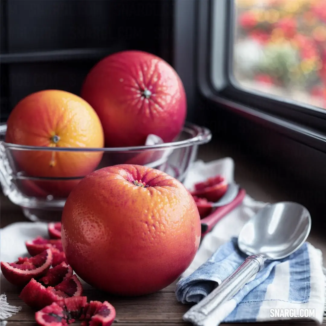 Bowl of blood oranges and a bowl of blood oranges on a table with a spoon and a napkin