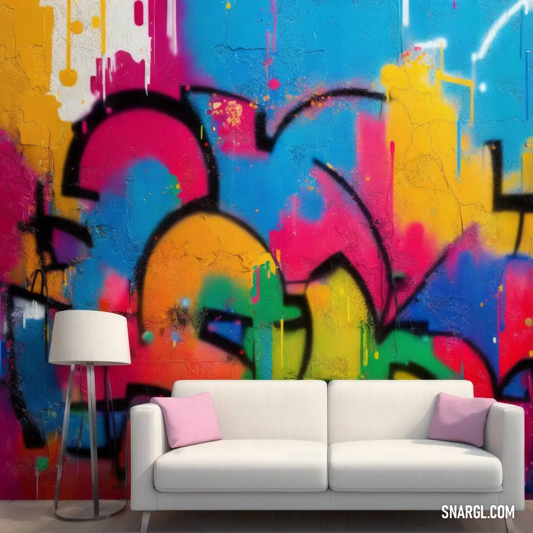 Couch in front of a colorful wall with graffiti on it's walls and a lamp next to it