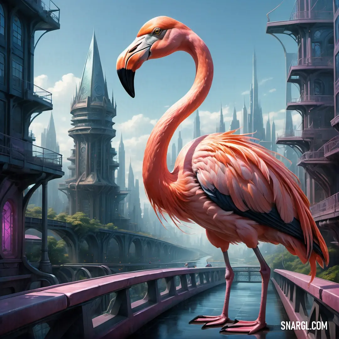 Flamingo standing on a bridge in front of a castle like building with a spire on it's roof. Color #FE6F5E.