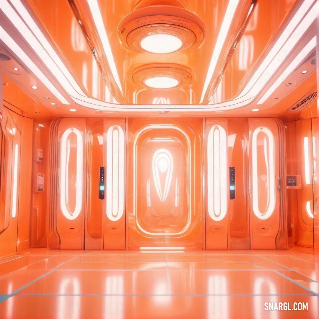 Futuristic orange room with a lot of lights and mirrors on the walls and flooring and a large mirror. Color Bittersweet.