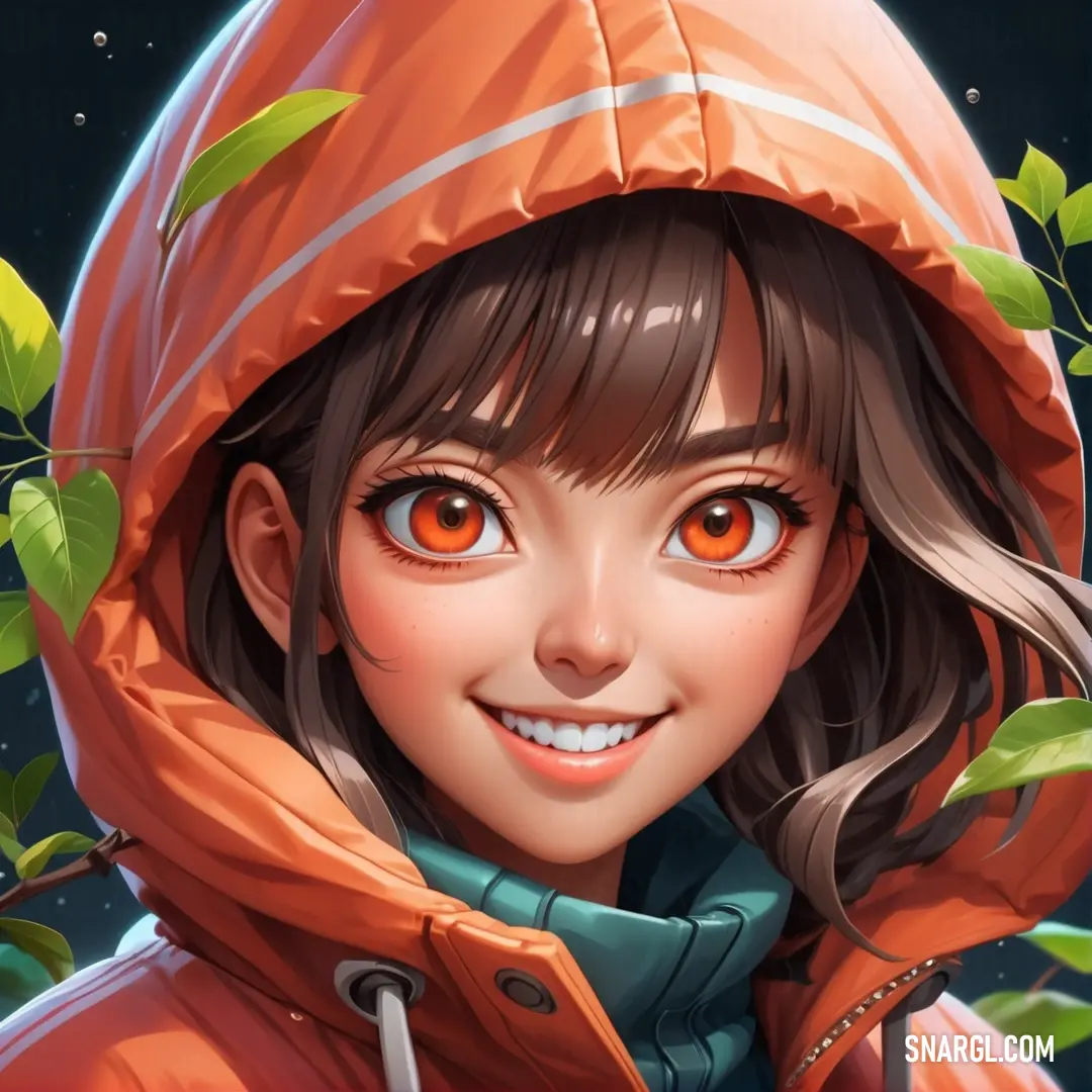 Girl with orange eyes and a red jacket on is smiling at the camera with a green leafy tree in the background. Example of RGB 254,111,94 color.