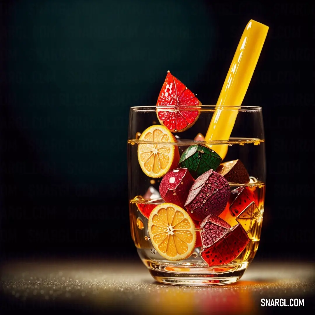 Glass of water with fruit and a yellow straw in it