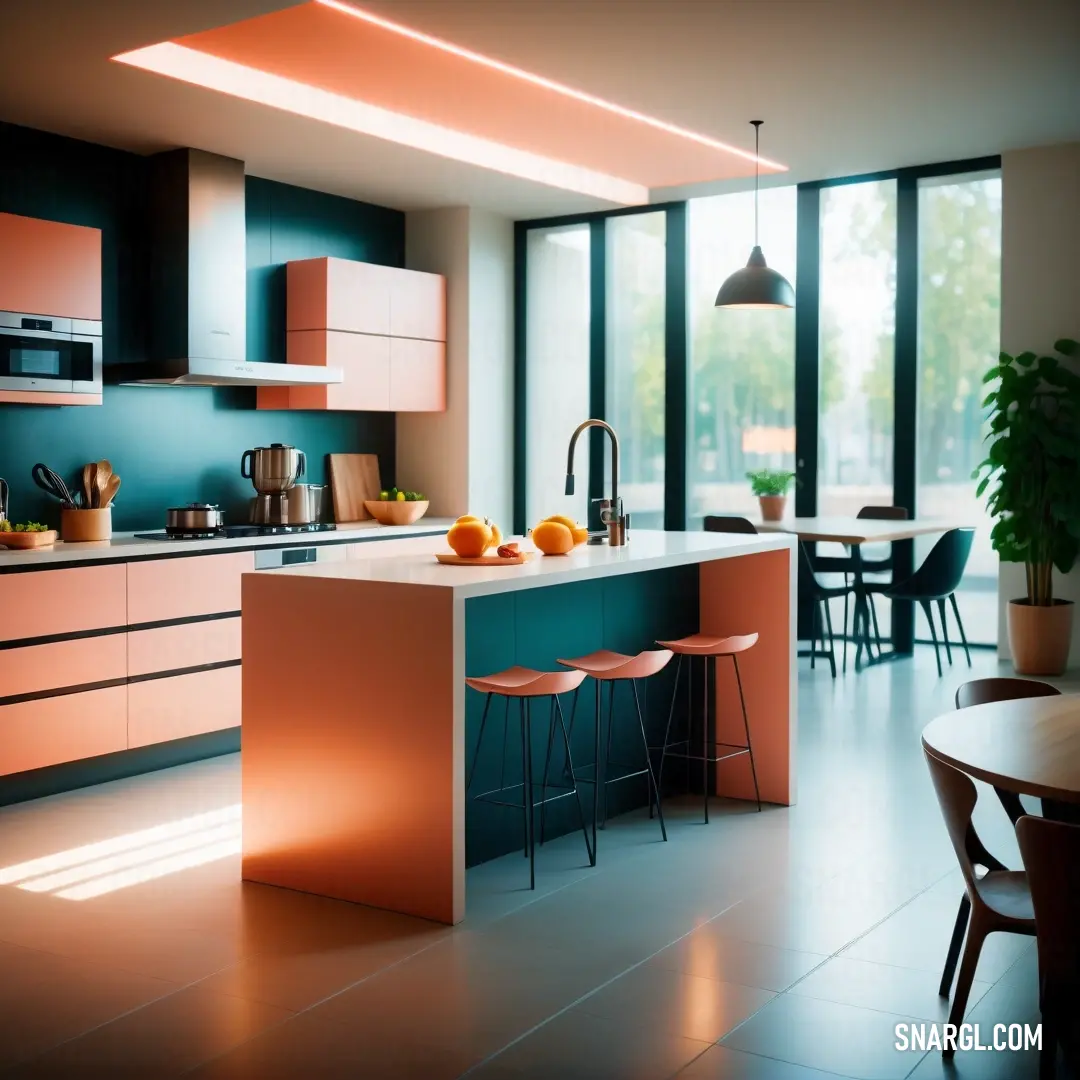 Kitchen with a table and chairs and a counter with oranges on it and a potted plant. Color RGB 254,111,94.
