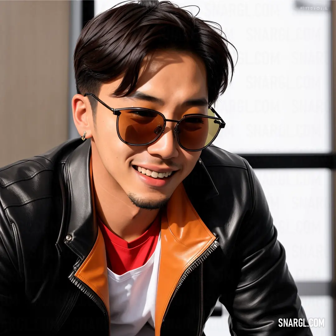 Man wearing a leather jacket and sunglasses smiling at the camera with a white background behind him and a black