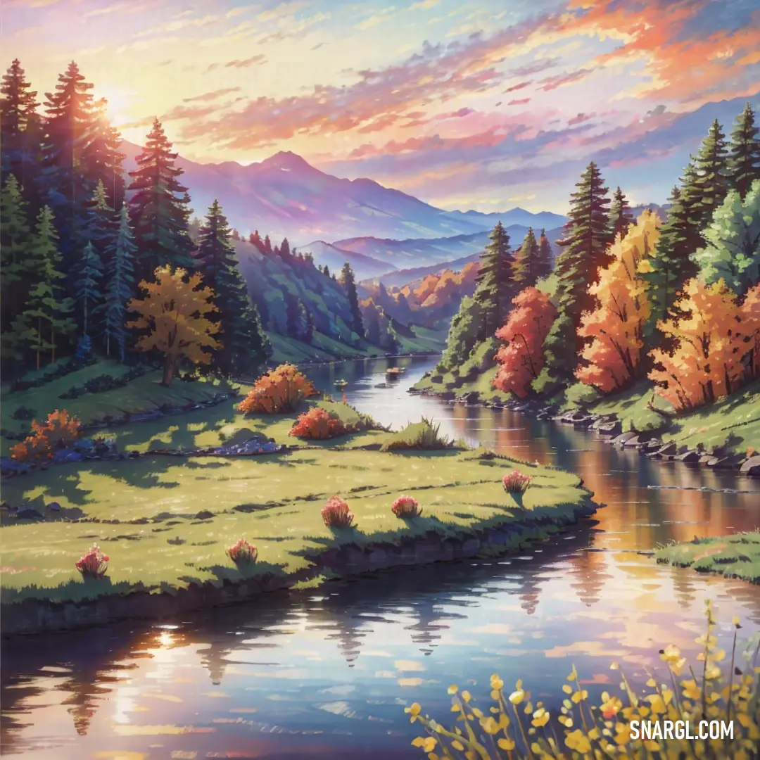 Painting of a beautiful landscape with a river and mountains in the background with flowers and trees in the foreground