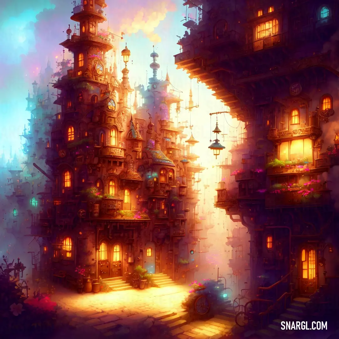 Painting of a city with a lot of buildings and lights on it's sides and a clock tower
