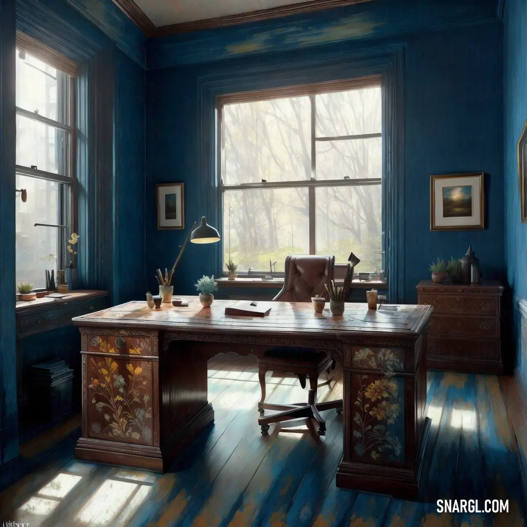 Painting of a desk in a blue room with a window and a chair in front of it with a lamp on it