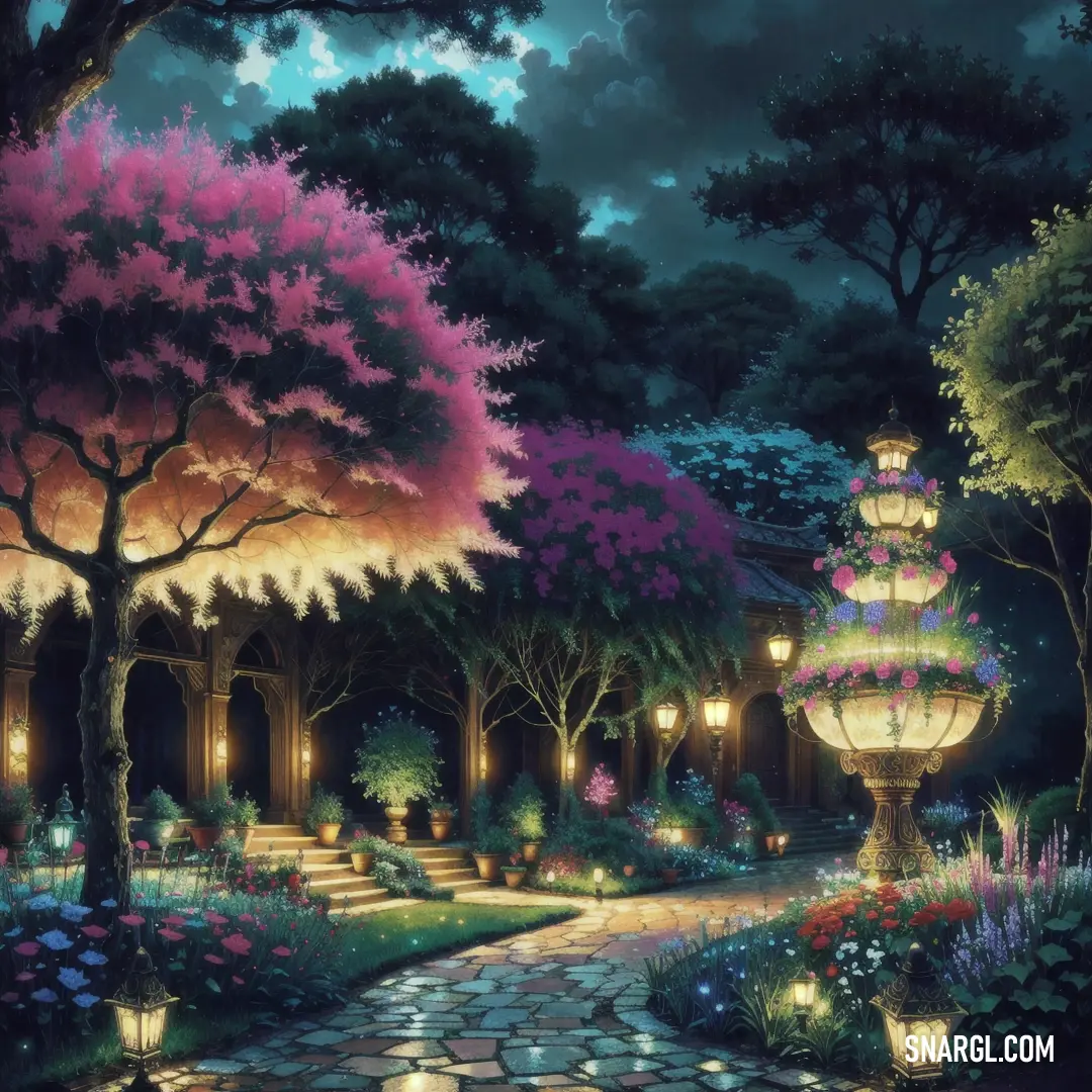 Painting of a garden with a pathway and lanterns lit up at night with a full moon in the sky