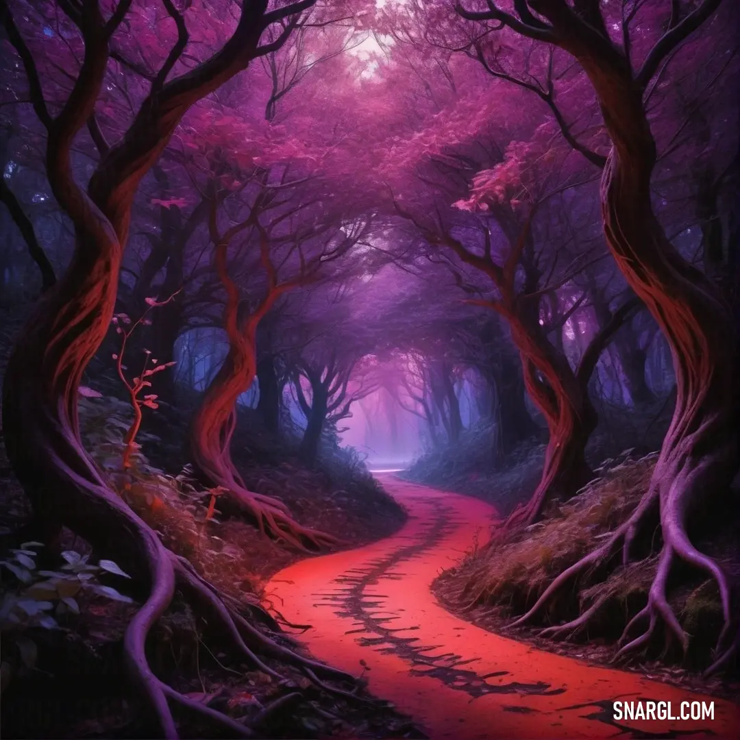 Painting of a path through a forest with trees. Example of Bittersweet color.