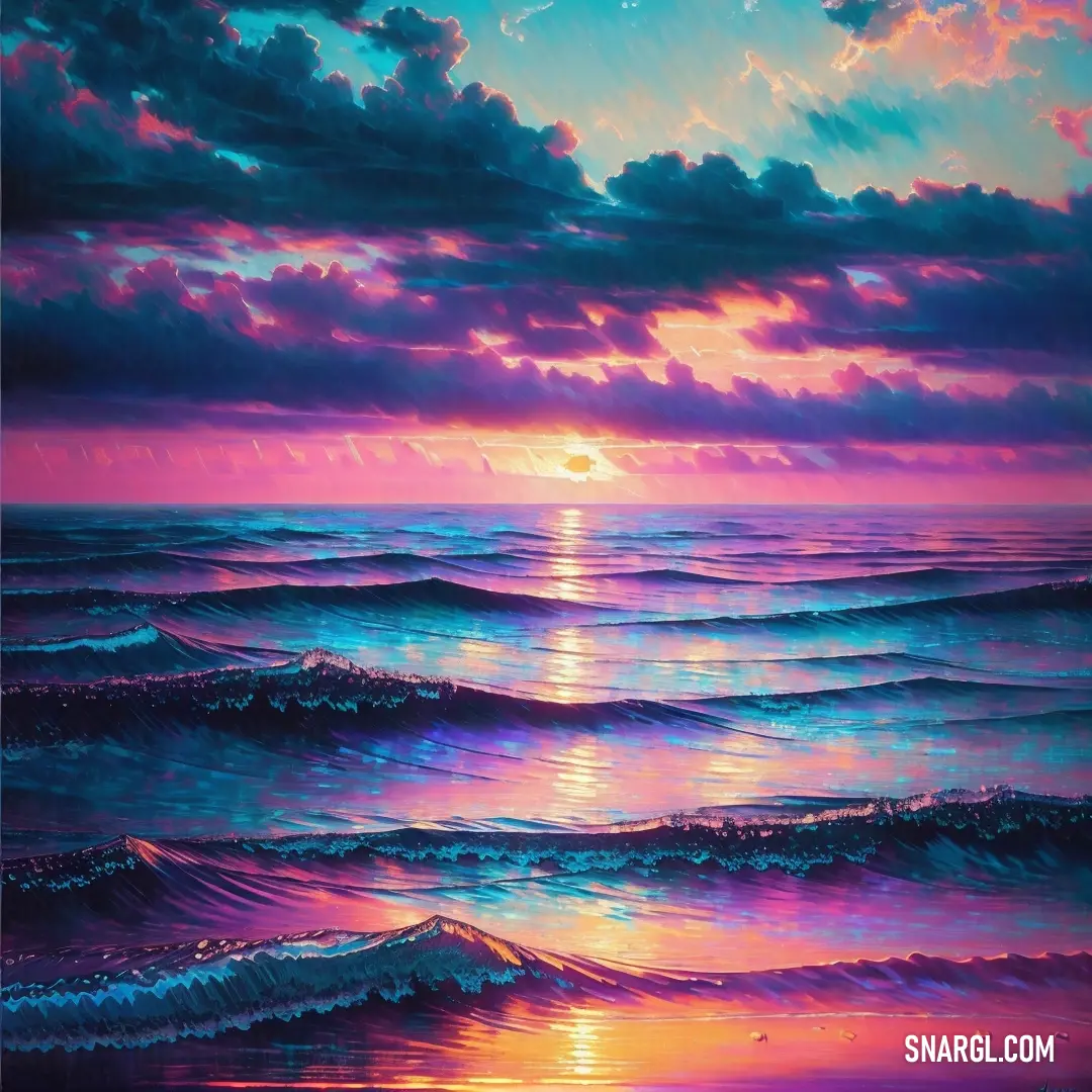 Painting of a sunset over the ocean with waves and clouds in the sky