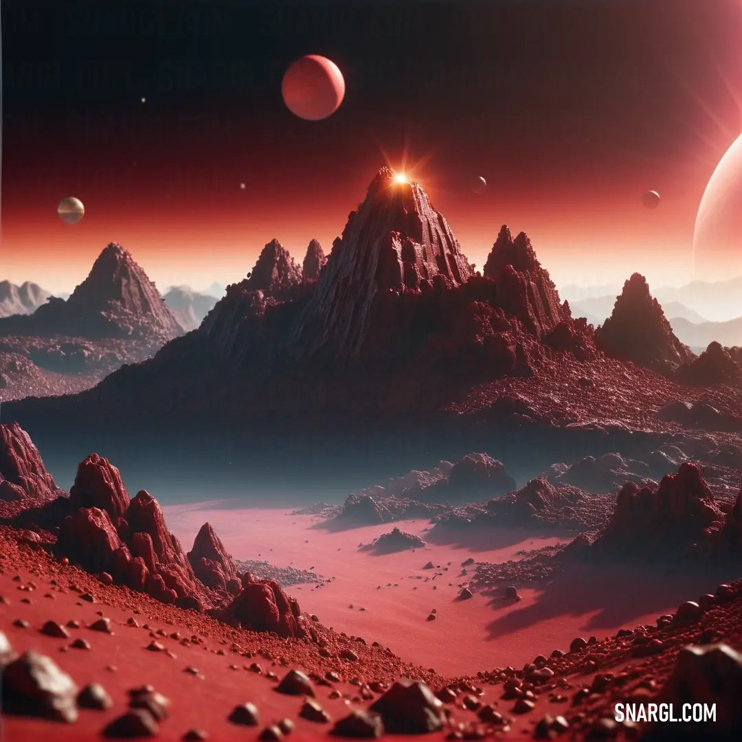 Bittersweet color example: Red planet with mountains and planets in the background