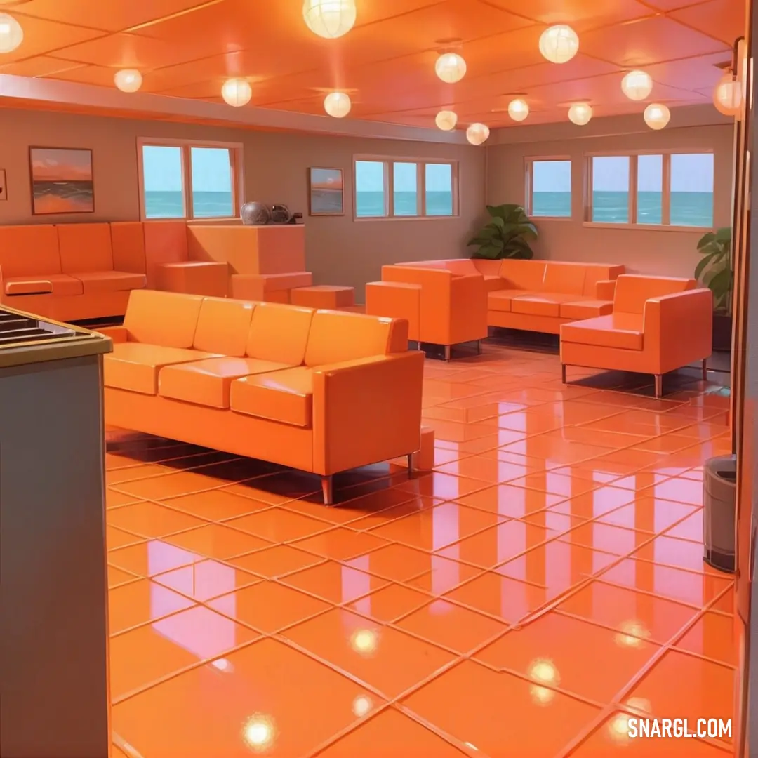 Room with orange couches and a large window with a view of the ocean in the distance and a bar in the foreground
