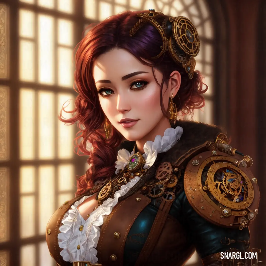 Woman with red hair and a steampunk outfit is standing in front of a window with a clock
