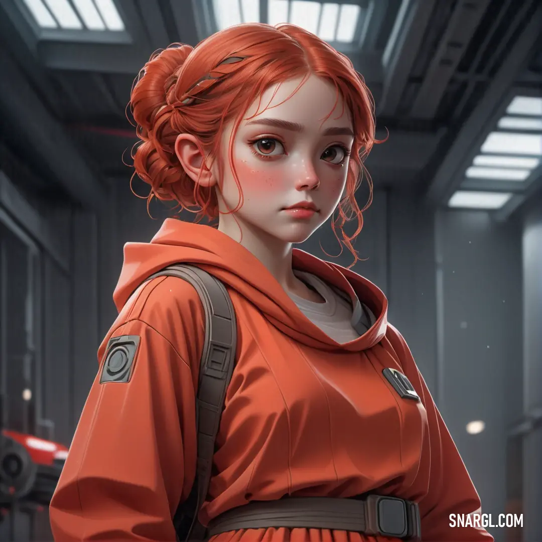 Bittersweet color example: Woman with red hair and a star wars outfit in a sci - fi setting