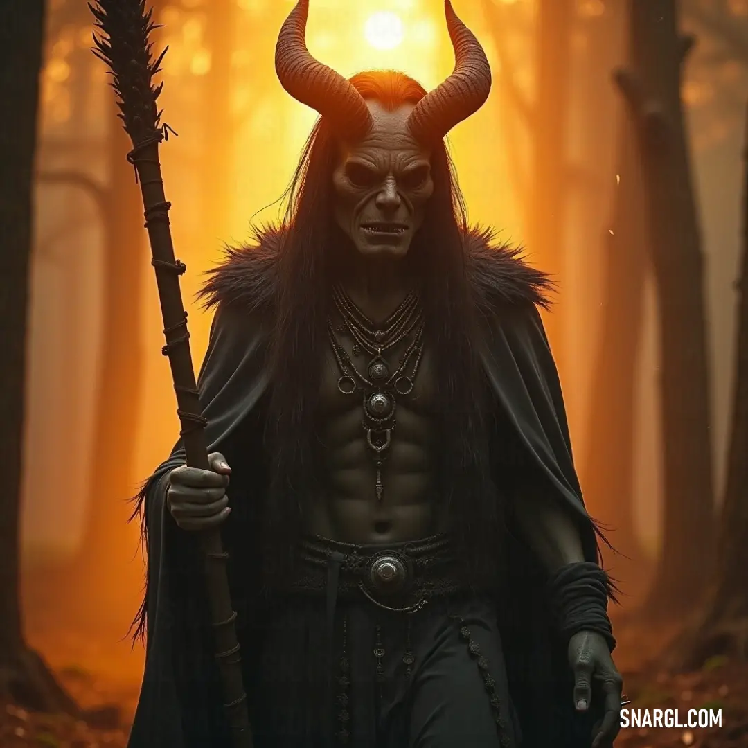 Black Annis: A Fierce Presence in a Sunset Forest Black Annis captures attention with her fierce horns and horned face, positioned amidst a forest drenched in the warm glow of sunset, holding a stick that suggests a connection to the natural world around her.