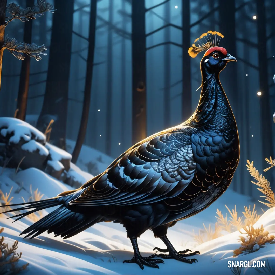 Black grouse standing in the snow in a forest at night with a red head and tail on its head