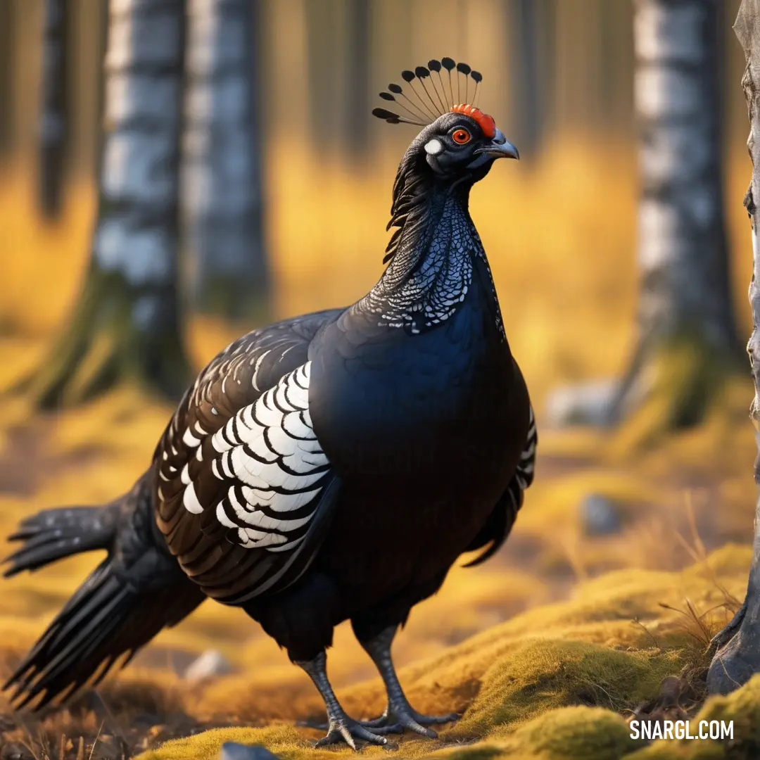 Black grouse standing next to a tree in a forest filled with grass and trees with a red headband