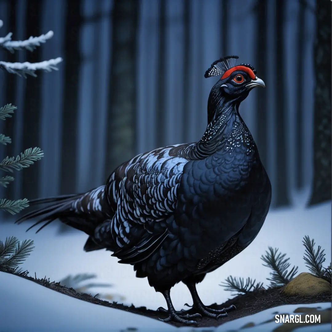 Black grouse standing on a branch in the snow near a forest with pine needles and a red - tipped beak