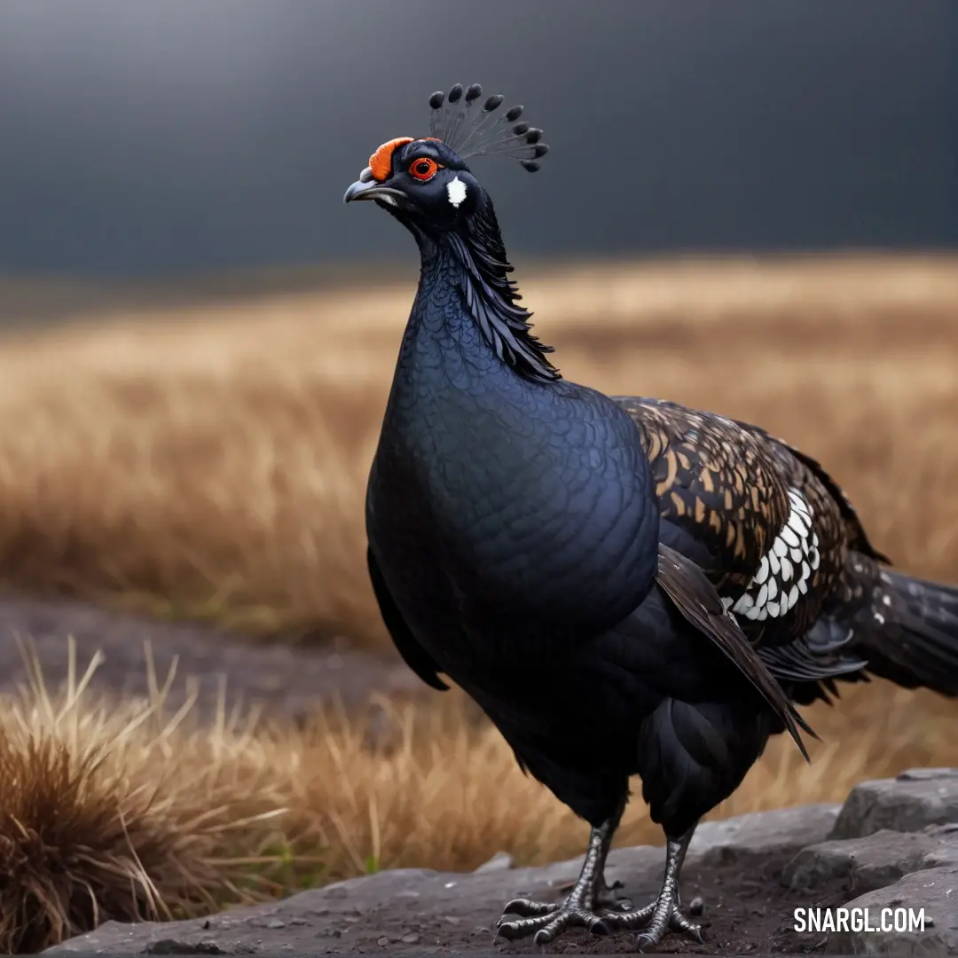 Black grouse with a red eye standing on a rock in a field of grass and dry grass with a dark sky in the background