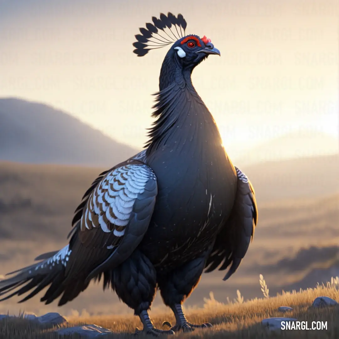Black grouse with a red eye standing on a hill side in the sun light of the day with mountains in the background