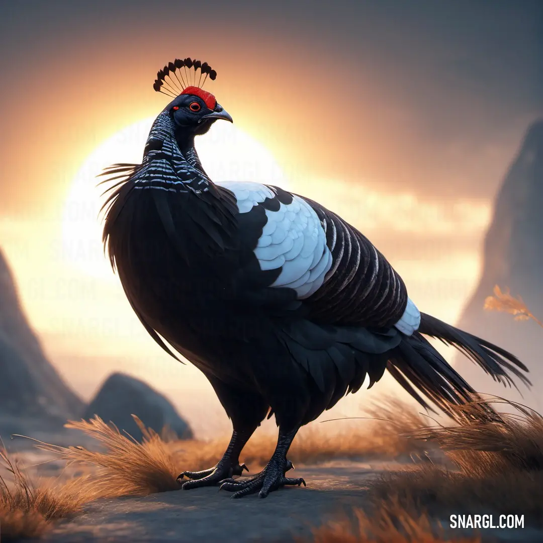 Black grouse with a red head standing on a hill with a sunset in the background